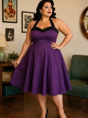 Dress Tells Purple Retro Inspired Halter Dress Plus Size 2XL Cotton Fit & Flare